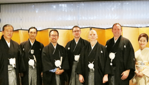 Caption: newest sake samurai; (from left) Motoyoshi Kaburagi, Kenchi Tachibana, Kenichi Ohashi, Alexander Koblinger, Michael Tremblay, Patrick Ellis, and Rachel Chan.