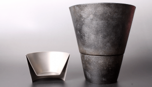 A guinomi cup made by Takakuwa Industrial Products, here in a double layered design made with a single piece of titanium