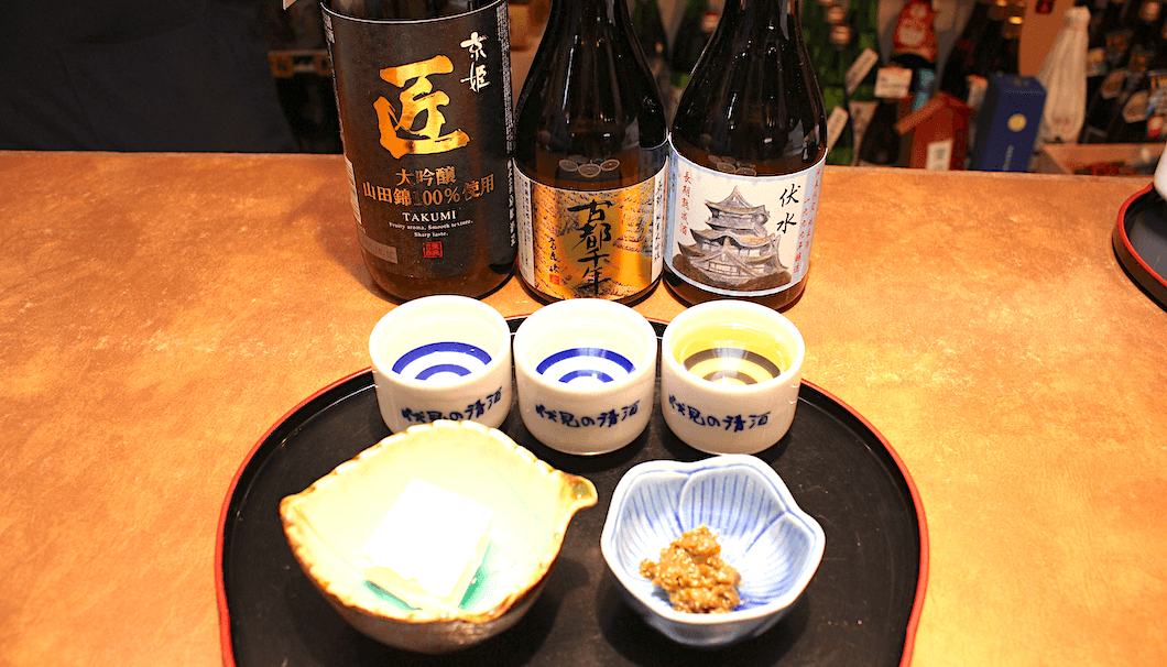 A tasting flight, complete with light snack pairing
